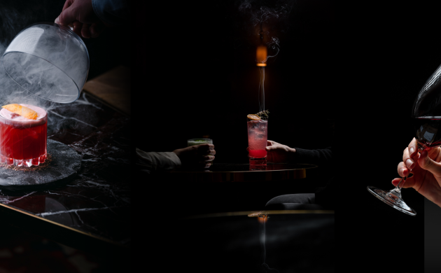 Close-up of sensory wine and mocktail pairings served in the dark, highlighting textures, smoke, and guest interaction at Dans le Noir ? Hong Kong
